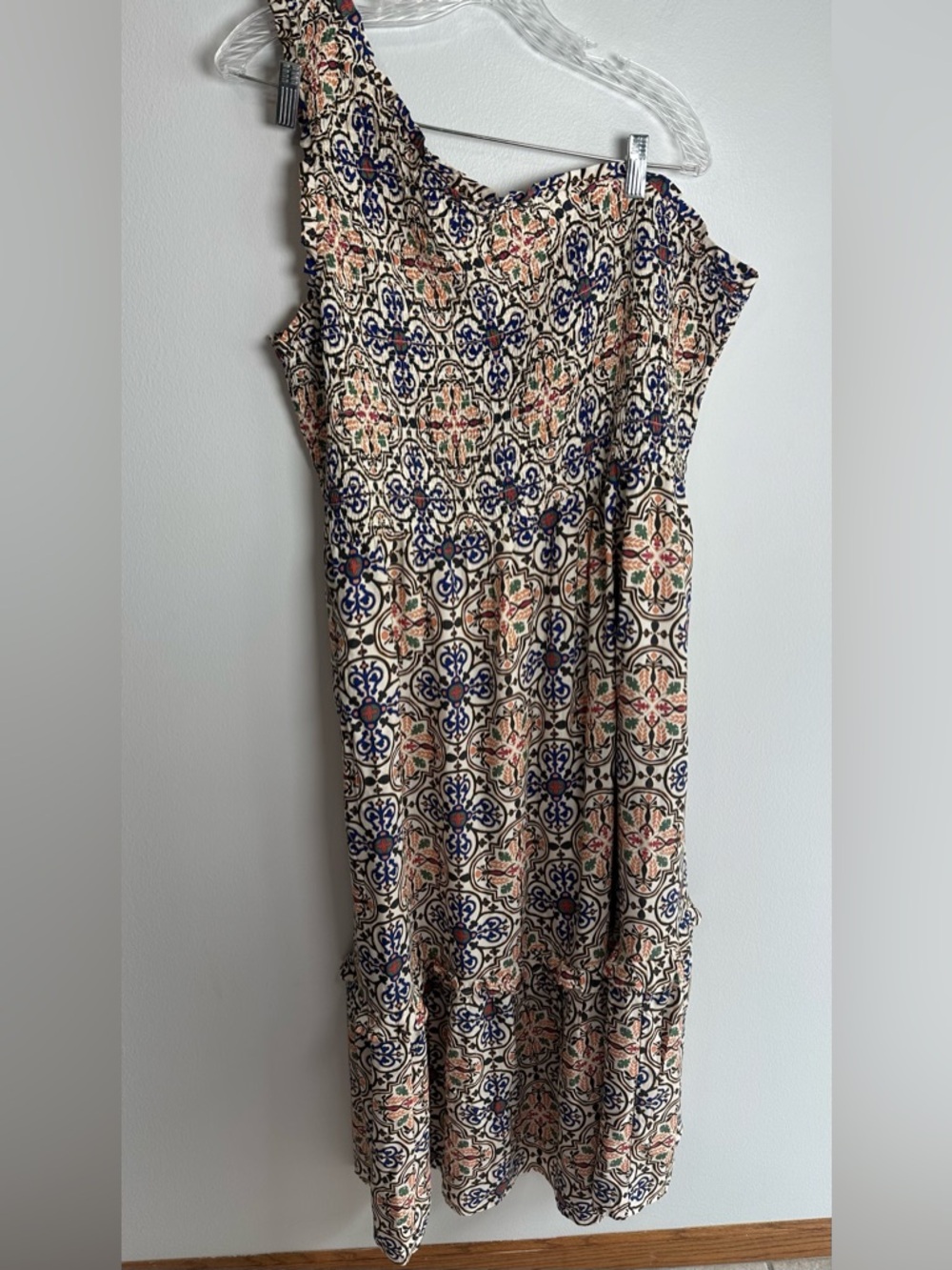 Knox Rose one shoulder Cream Navy Orange Mosaic Floral Print Women’s Dress 1X